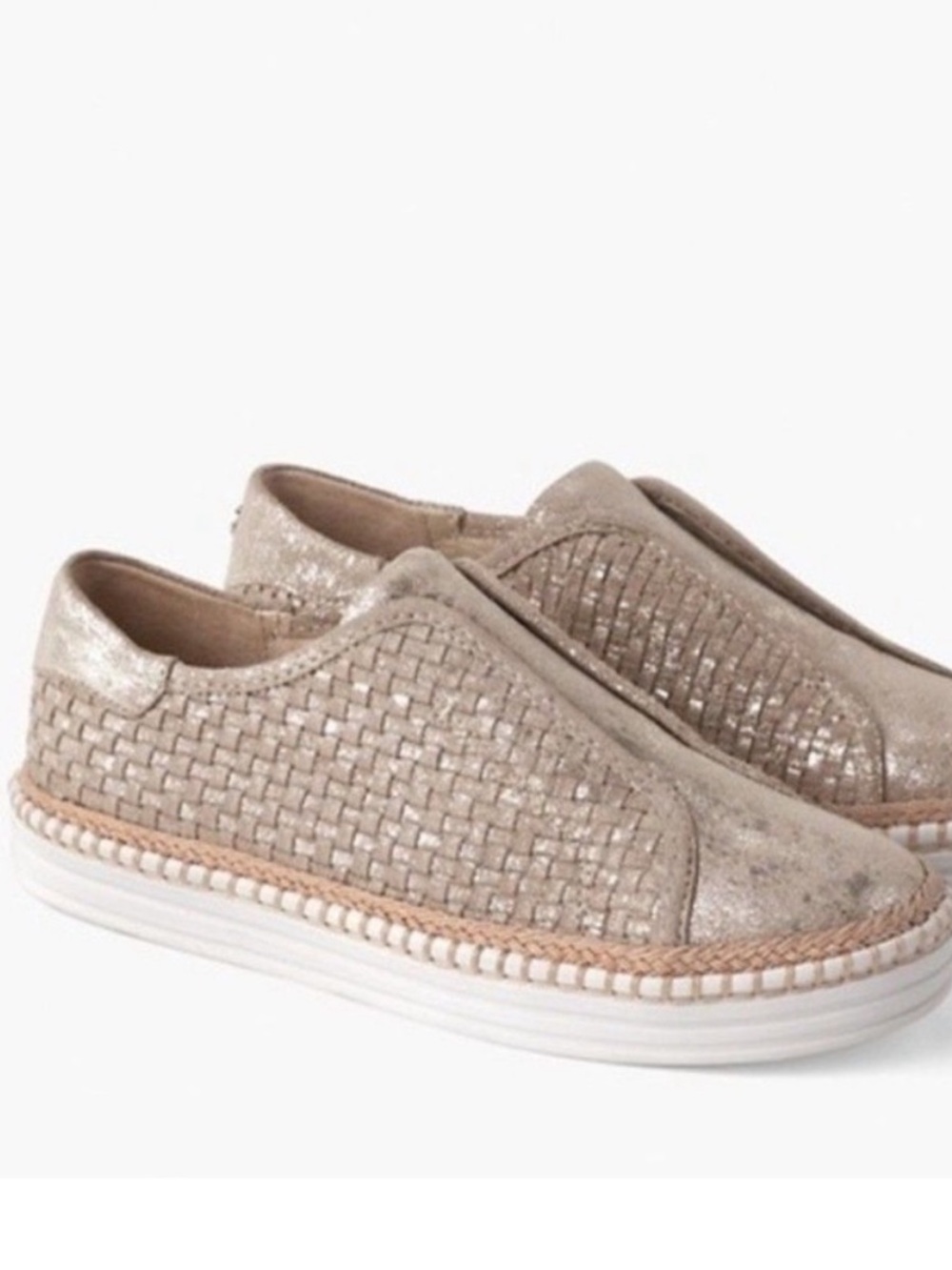 J/SLIDES Kayla Gold Metallic Suede Leather Braided Jute Slip-On Sneaker Shoes